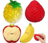 4 PCS Strawberry Squishy, Fruit Squishy Decor Set Desktop Ornaments, Pineapple Apple Strawberry Banana Decor for Office & Travel