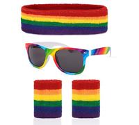 4 Pcs Striped Sweatband Set Cotton Headband Rainbow Wristband with Multicolour Sunglasses for Athletic Men and Women