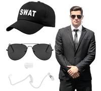 4 Pcs SWAT Costume Accessories Set for Adult Kids, Police Fancy Dress Set with Police Baseball Cap Fake Intercom Headset Replacement Head Sunglasses for Halloween Cosplay Theme Party