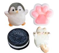 4 PCS Taba Squishy Kit, Tabba Squishy, Stress Relief Squishies for Home, School, and Travel, Includes Black Penguin, White Pink Cat Paw, Black Biscuit, and Cat Squishy（Cat Color Random）