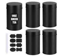 4 Pcs Tea Tin Canisters with Double Airtight Lids 14 oz Round Black Metal Tea Sugar Coffee Canisters Set Include Labels Marker Small Coffee Caddy Kitchen Container Storage for Loose Leaf Teas Spices