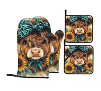 4 Pcs Teal Highland Cow Oven Mitts and Potholders,Kitchen Oven Glove with Pot Holders,Non-Slip Gloves High Heat Resistant 500 Degree for BBQ, Grill, Baking, Cooking, Oven, Microwave