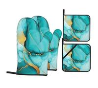 4 Pcs Teal Turquoise Liquid Marble Oven Mitts and Potholders,Kitchen Oven Glove with Pot Holders,Non-Slip Gloves High Heat Resistant 500 Degree for BBQ, Grill, Baking, Cooking, Oven, Microwave