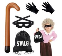 4 Pcs Thief Costume Set, Robber Burglar Granny Costume Kit with Black Eyemask Gloves Swag Bag Inflatable Cane, Gangster Granny Set for Halloween World Book Day Carnival Burglar Theme Party Supplies