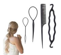 4 PCS Topsy Tail Hair Tool, Black Hair Loop Pull Through Tool with Rat Tail Comb, Durable French Plait Hair Tool Kit for Girls and Women Easy Hair Styling