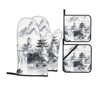 4 Pcs Traditional Chinese Ink Painting Oven Mitts and Potholders,Kitchen Oven Glove with Pot Holders,Non-Slip Gloves High Heat Resistant 500 Degree for BBQ, Grill, Baking, Cooking, Oven, Microwave