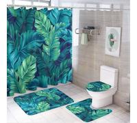 4 Pcs Tropical Palm Leaves Shower Curtain Sets, Hawaiian Green Leaf Non-Slip Rugs Bath Mat Toilet Cover U Shaped Mat, Turquoise Shower Curtain with 12 Hooks, Quick Drying Bath Rugs, 72x72 in