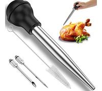 4 Pcs Turkey Baster Set Stainless Steel Turkey Baster Syringe Meat Marinade Injector Needle with 2 Needles Silicone Bulb and Cleaning Brush Cooking Turkey Injector for Baking Kitchen Party Christmas