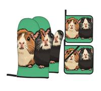 4 Pcs Two Guinea Pigs Oven Mitts and Potholders,Kitchen Oven Glove with Pot Holders,Non-Slip Gloves High Heat Resistant 500 Degree for BBQ, Grill, Baking, Cooking, Oven, Microwave