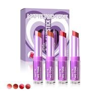 4 PCS Two Tone Lipstick Set, 2-in-1 Lipstick Set, High-Pigment Colour Rose Pink Nude Brown Gradient 18hr Wear Two Tone Matte Shimmer Moisturising Lip Liner Tinted Lip Balm (Set A)