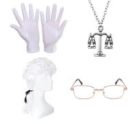 4 PCS Unisex White Judge Wig, Judge Costume Set, Judge Costume Accessories, Judge Role Play Wave Wig for Halloween Makeup Theme Party Fancy Dress Cosplay (Wigs, Necklaces, Glasses, Gloves)