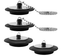 4 PCS Universal Bath Plugs with Stainless Steel Chain Drain Stopper Sink Plug Replacement Black Rubber Plug Rubber Bath Stopper Kitchen Replacement Accessories for Bathtub Basin Kitchen