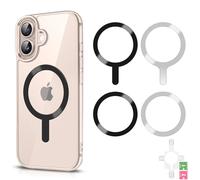 4 Pcs Universal Metal Rings Sticker NO Magnet for MagSafe Magnetic Wireless Charger for iPhone 15 14 13 12 Pro Mini Max/Samsung Galaxy, 2 Styles Ultra Thin Notched and Round Ring Car Charger Kit