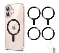 4 Pcs Universal Metal Rings Sticker NO Magnet for MagSafe Magnetic Wireless Charger for iPhone 15 14 13 12 Pro Mini Max/Samsung Galaxy, 2 Styles Ultra Thin Notched and Round Ring Car Charger Kit