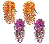 4 Pcs UV-Resistant Artificial Hanging Flowers Outdoor Realistic Trailing Artificial Plants Morning Glory Fake Plants for Garden Patio Decor Purple and Orange All-Season Use No Maintenance Required