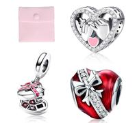 4 Pcs Valentines Bow Charm, 925 Sterling Silver Lover Bead Charm, Love Heart Red Enamel Dangle with Charm Pouch, Jewellery Love Gift for Lover, Girlfriend, Wife, Women