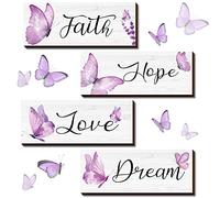 4 Pcs Valentines Faith Hope Love Dream Wall Decor Elegant Spring Butterfly Wooden Hanging Decoration Art Butterfly Room Wall Rustic Living Room Accessories for Bedroom Decor(10 x 4 x 0.2 Inch,Purple)