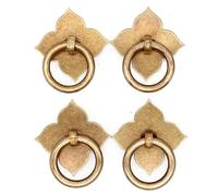 4 PCs Vintage Antique Bronze Ring Pulls with Four-Leaf Clover Shaped Base - Pure Solid Brass Cabinet Hardware- Ring Size 1.2-in (3 cm)