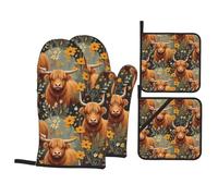 4 Pcs Vintage Highland Cows Oven Mitts and Potholders,Kitchen Oven Glove with Pot Holders,Non-Slip Gloves High Heat Resistant 500 Degree for BBQ, Grill, Baking, Cooking, Oven, Microwave