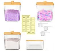 4 Pcs Washing Powder Storages, Laundry Pods Storage Container Set with Bamboo Lid and 16 Labels, High-Capacity Transparent Material Set(3 Square & 1 Rectangular)