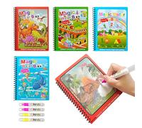 4 Pcs Water Colouring Books for Children, Reusable Magic Painting Books with Water, Water Magic Colouring Book with 4 Water Pen, Magic Colouring Book with Theme of Transport, Dinosaur