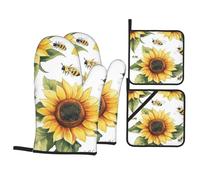 4 Pcs Watercolor Bees Sunflower Oven Mitts and Potholders,Kitchen Oven Glove with Pot Holders,Non-Slip Gloves High Heat Resistant 500 Degree for BBQ, Grill, Baking, Cooking, Oven, Microwave