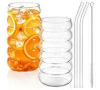 4 Pcs Wave Bubble Beverage Glasses Set Iced Coffee Glass Cups with Straws | 16oz Drinking Cups Iced Coffee Tumblers Ripple Glassware Beer Glasses with Brush for Smoothie, Boba Milk Tea, Ideal for Gift