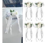4 PCS Wedding Car Door Handle Decorations - White Artificial Flowers with Bowknot Ribbons, Just Married Automotive Accessories for Vehicle Door Handles