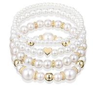 4 Pcs White Gold Stretch Pearl Bracelets for Women - Bridesmaid Wedding Elastic Stackable Faux Beaded Jewelry