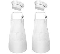 4 Pcs White Kids Apron and Chef Hat Set, Adjustable Children Aprons with Pockets for Boys Girls, Kitchen Garden Bib Aprons, Toddler Chef Apron for Baking Cooking Crafting Painting (M for 3-6 Age)