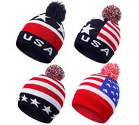 4 Pcs Winter Hat American Flag Pom Knit Beanie Fun USA Hat Warm Cuffed Beanie for Cold Days Men Women, Large, Assorted Colors, 5
