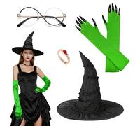 4 Pcs Witch Costume Accessories Set,Include Black Witch Hat Glasses with Gloves,Elphaba Costume Accessories,Halloween Carnival Female Role Playing Dress Up Wicked Costumes