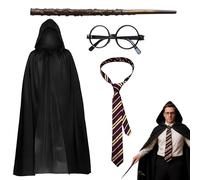 4 Pcs Wizard Cape School Boy Fancy Dress Costume Accessory, Tie, Glasses, Wizard Wand, Black Cape, Wizard Costume Accessories Set for Kids School Events World Book Day Wizard Theme Party Cosplay