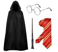 4 Pcs Wizard Costume Set for Adults, Wizard Accessories with Hooded Black Cape Round Glasses Magic Wand & Striped Tie Fancy Dress for Men Women World Book Day Halloween Cosplay Fancy Outfits