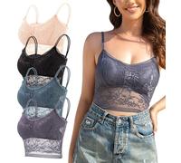 4 Pcs Women's Lace Floral Camisole Bralette Wireless Padded Bra Buckle Free Backless Long Bralettes Deep V Neck Spaghetti Straps Lingerie