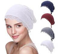 4 Pcs Women's Lace Inner Beanies Cap for Islamic Muslim Hijab - Solid Color Full Cover Cotton Elastic Undercap with Tie Back Closure Under Scarf Hat Bonnet Headcover (#2)