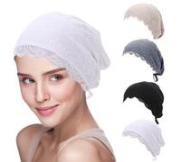 4 Pcs Women's Lace Inner Beanies Cap for Islamic Muslim Hijab - Solid Color Full Cover Cotton Elastic Undercap with Tie Back Closure Under Scarf Hat Bonnet Headcover (#1)