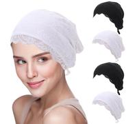 4 Pcs Women's Lace Inner Beanies Cap for Islamic Muslim Hijab - Solid Color Full Cover Cotton Elastic Undercap with Tie Back Closure Under Scarf Hat Bonnet Headcover (#3)