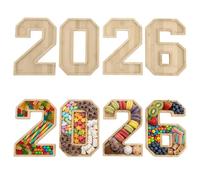 4 Pcs Wooden 2026 Number Trays Set, Natural Decorative Accent for Tabletops, Living Room Snack Candy Dishes, 11.0 x 7.9 in Fillable Food Bowls for Parties, Events, Unique Centerpiece