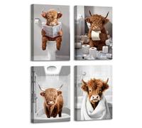 4 Pcs Wooden Framed Canvas Wall Art Set Funny Cow Bathroom Bathtub Picture Print Painting on Canvas Prints Poster Whimsical Animal Highland Cow Bathing Pictures for Toilet WC Wall Decor 30x40 cm x4