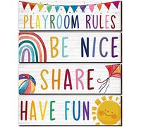 4 Pcs Wooden Kids Playroom Rules Sign Wall Decor Be Nice Share Have Fun Wooden Colorful Art Wall Plaque Playroom Decor for Nursery Boys Girls Bedroom (11 x 3'')