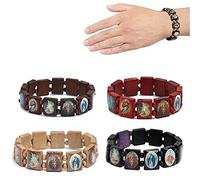 4 Pcs Wooden Rosary Jesus Bracelet Elastic Stretch Bangle with Pictures of Religious Saints Catholic Holy Gods Goddess Prayer Manifestation Bracelet