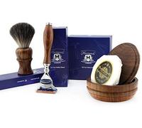 4 PCs Wooden Shaving Set with 5 Edge Razor, Pure Badger Hair Brush, Soap & Bowl