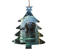 4 PCS Wooden Xmas Tree Ornaments, Asian Elephant in The Water Print Christmas Party Decoration Wood Pendant, for Home Crafts Hanging