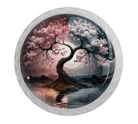 4 Pcs Yin Yang Tree Cupboard Knobs and Handles - 35mm Round White Pull Handle for Wardrobe Furniture Hardware - Two Sizes of Screws Included