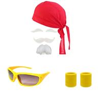 4 Pcse Hulk Hogan Costume Accessories Set, 1980s Wrestling Costume for Adults, Includes 1Yellow Sunglasses, 1Red Bandana, 1White Mustache, and 2 Yellow Wristbands