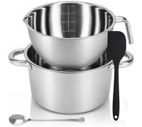 4-Piece 304 Stainless Steel Double Boiler Pot Set, 1.9 L & 2.5 L | Chocolate Melting Pot with Measurement Markings, Silicone Spatula and Spoon for Butter, Wax, Soap, Candy and Candle Making