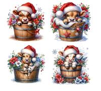 4 Piece 6"x6" Christmas Cows in Bucket 100% Cotton Fabric Panel Squares - Quilting Sewing Blocks