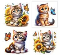 4 Piece 6"x6" Floral Kittens 100% Cotton Fabric Panel Squares - Quilting Sewing Blocks