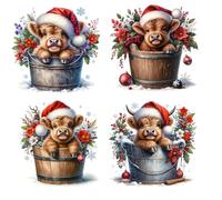 4 Piece 6"x6" Holiday Highland Cows 100% Cotton Fabric Panel Squares - Quilting Sewing Blocks